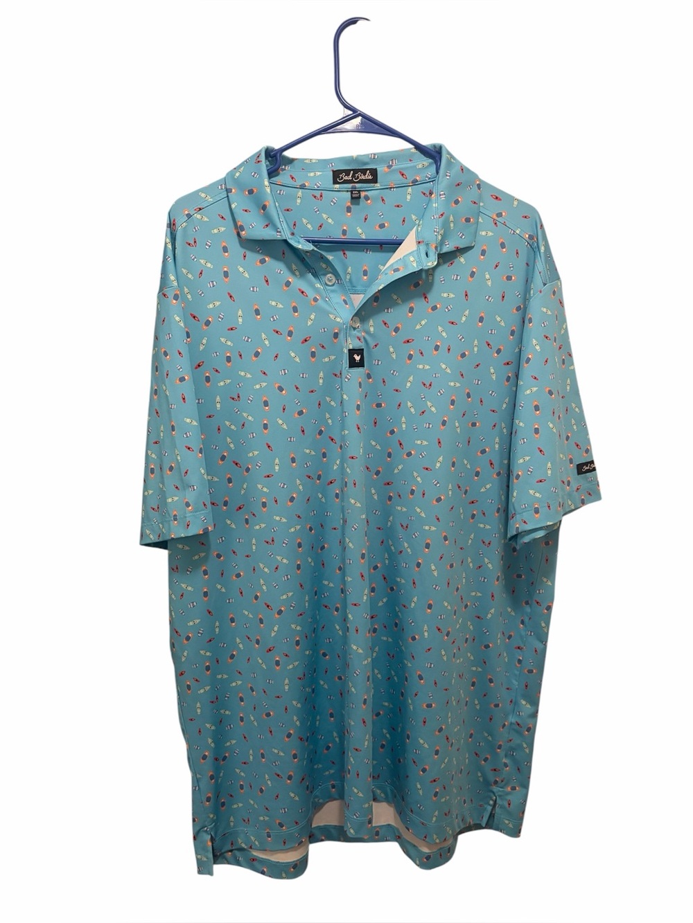 Bad Birdie Men's Light Blue Printed Performance Polo. Size XXL. Good condition